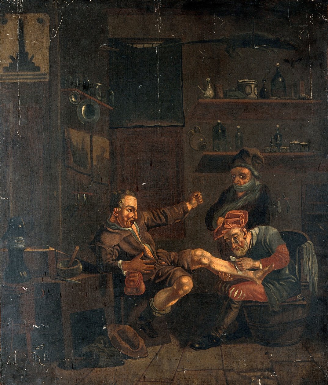 Um cirurgião a tratar o pé de um homem. Pintura a óleo inspirada numa composição atribuída a Johannes Lingelbach. de Johannes Lingelbach