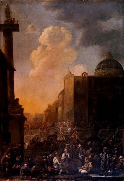 Capriccio Vista de uma Piazza Romana (óleo sobre painel) de Johannes Lingelbach