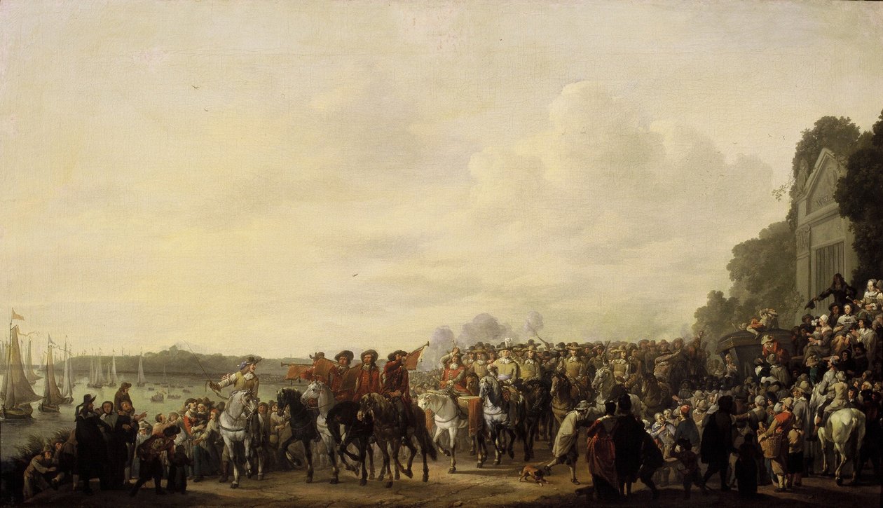 Carlos II parando no Estado de Wema, no Rotte, em sua Viagem de Roterdã a Haia, em 25 de maio de 1660 de Johannes Lingelbach