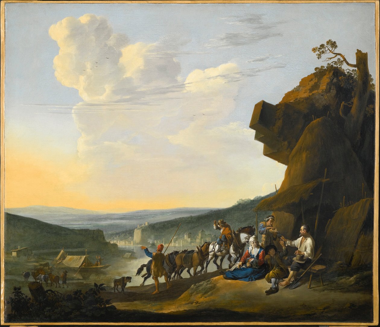 Alemão: Südliche Landschaft mit Fähre Paisagem meridional com vista para uma baía, com viajantes a descansar de Johannes Lingelbach