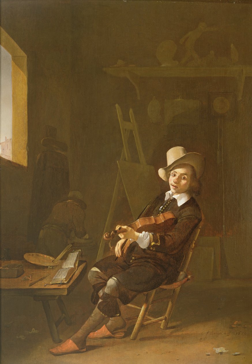 Auto-retrato do artista tocando um violino de Johannes Lingelbach
