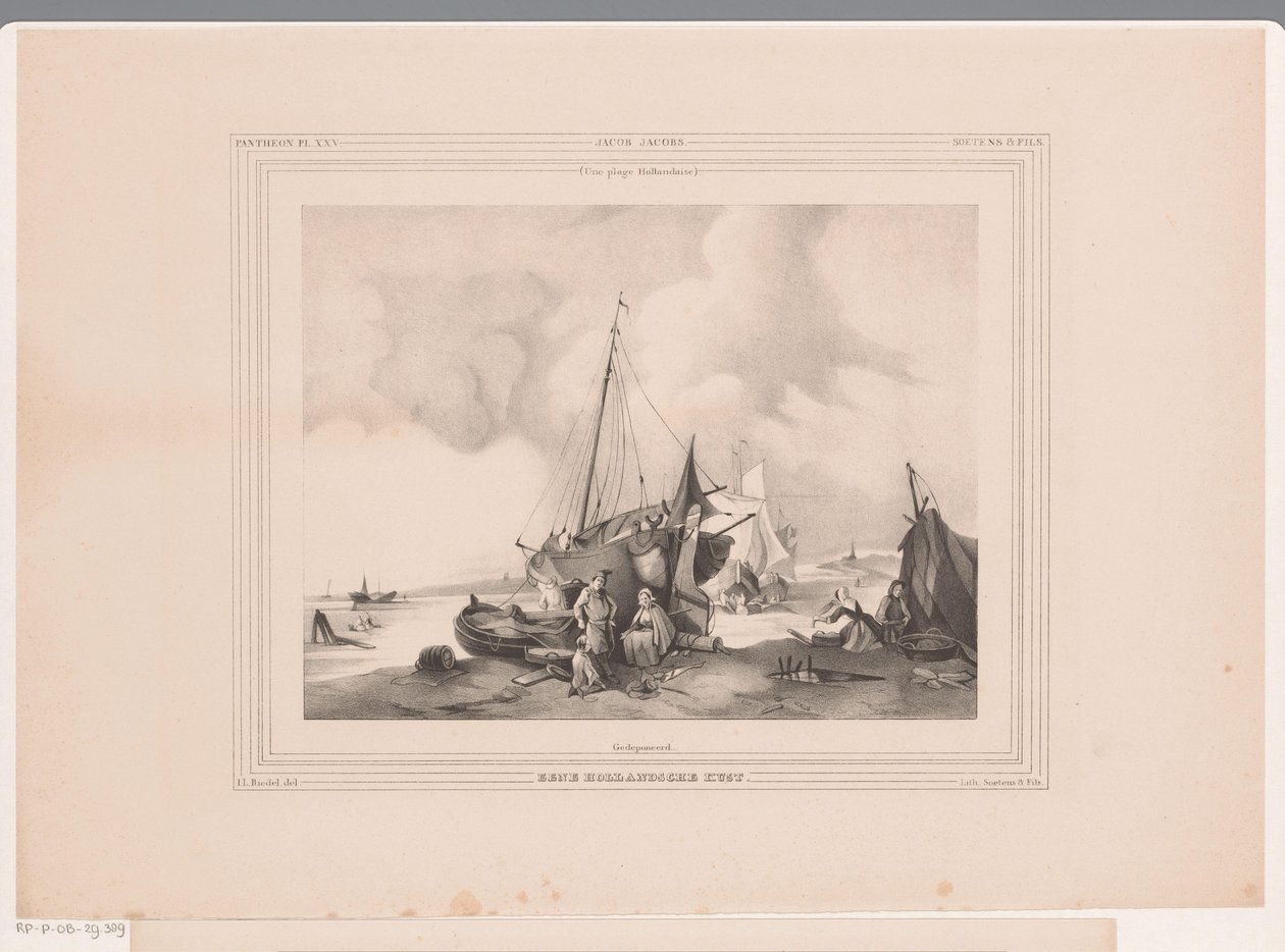 Costa holandesa com barcos e pessoas
Uma costa holandesa (título sobre o objecto) de Johannes Lodewijk Riedel