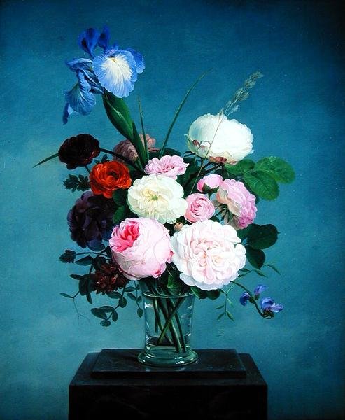 Rosas e uma íris num vaso de vidro sobre um rodapé de mármore (óleo sobre tela) de Johannes Ludwig Camradt