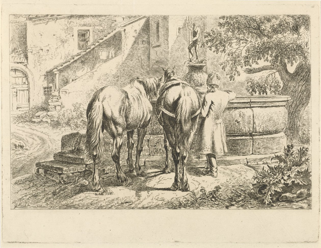 Cavalos a beber numa fonte de Johannes Mock
