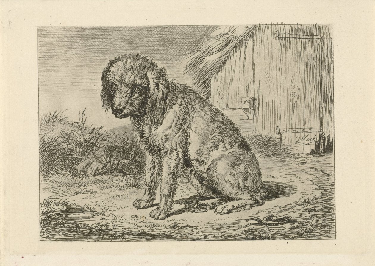 Cão sentado perto de um celeiro de Johannes Mock