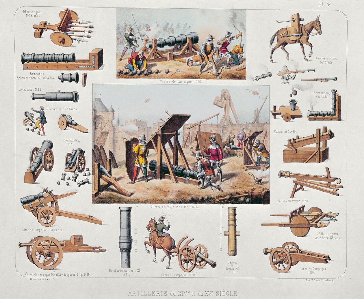 Artilharia francesa dos séculos XIV e XV (lito colorido) de Johannes Moltzheim