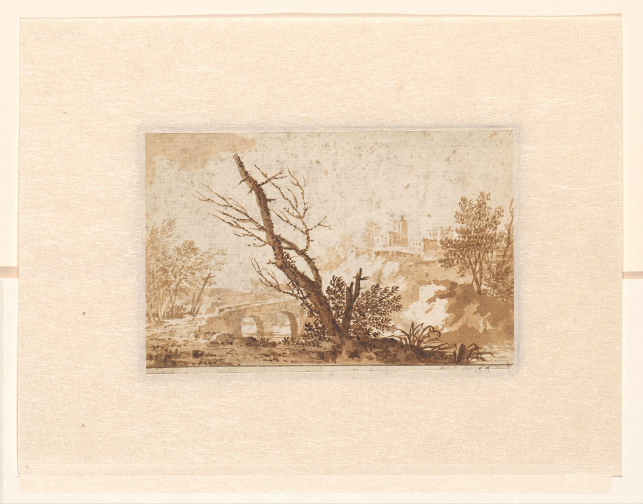 Paisagem italiana com árvore, uma ponte e alguns edifícios de Johannes Petrus van Horstok