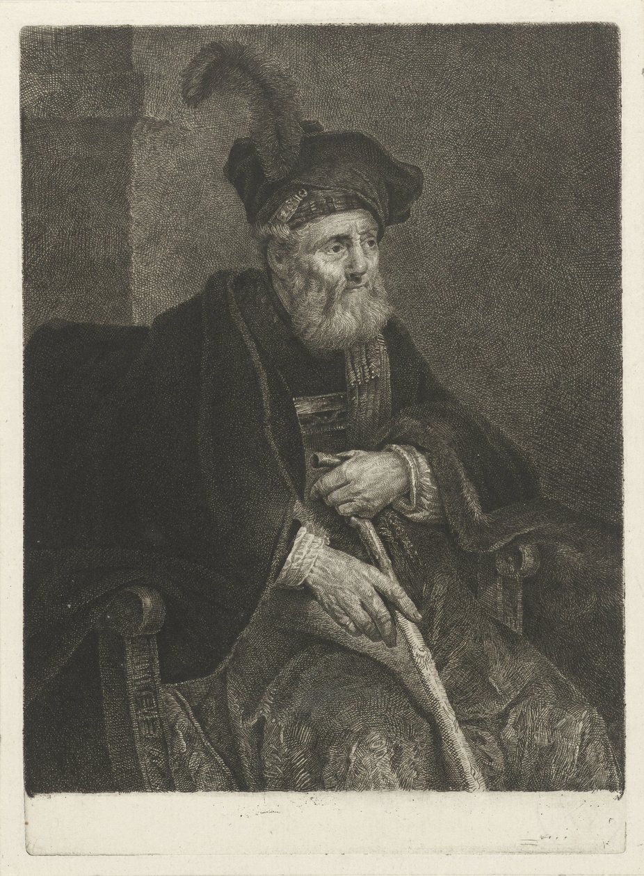 Retrato de um velho desconhecido em uma cadeira de Johannes Pieter de Frey
