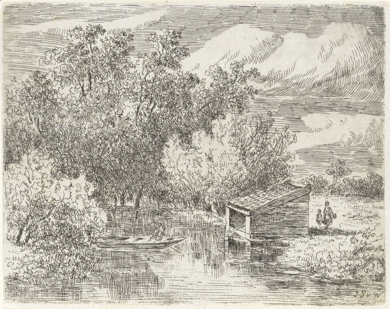 Casa do barco num rio de Johannes Pieter van Wisselingh
