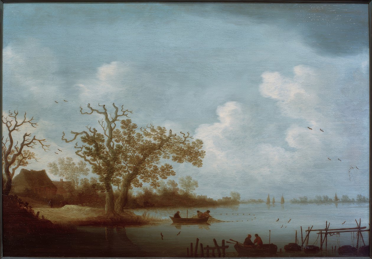 Paisagem fluvial holandesa com casas de campo e barcos de pesca de Johannes Pietersz. Schoeff