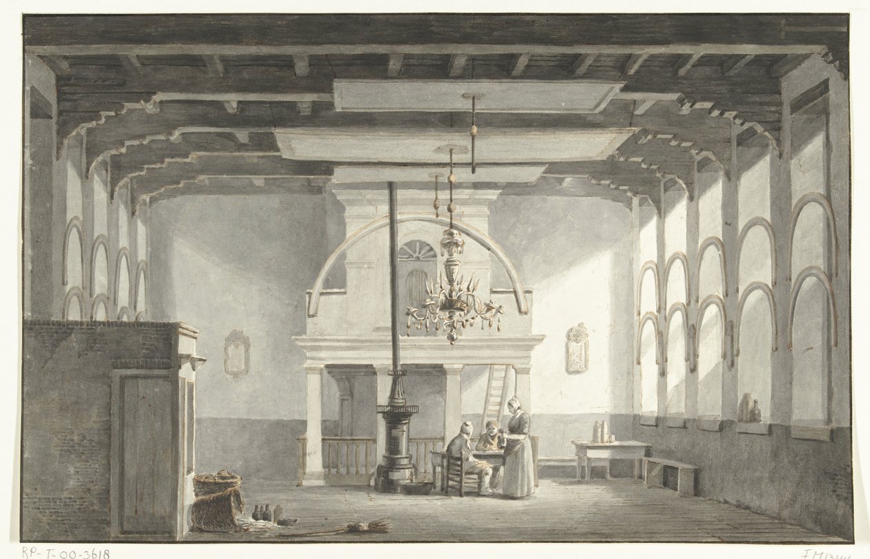 O salão no Kloveniersdoelen em Dordrecht, onde o Sínodo Nacional foi realizado nos anos 1618-1619, 1836 de Johannes Rutten (signed by artist)