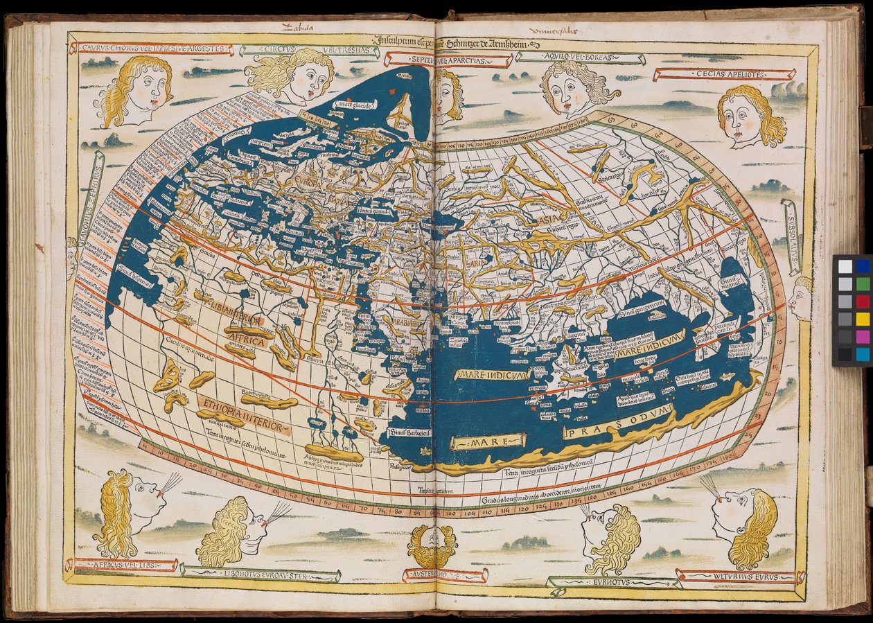 A primeira edição de Ptolomeu impressa na Alemanha, e a primeira com mapas em xilogravura. Encadernação original. de Johannes Schnitzer