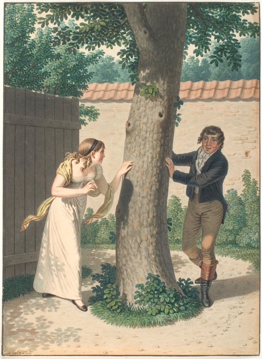 Jovem e garota brincando de esconde-esconde de Johannes Senn