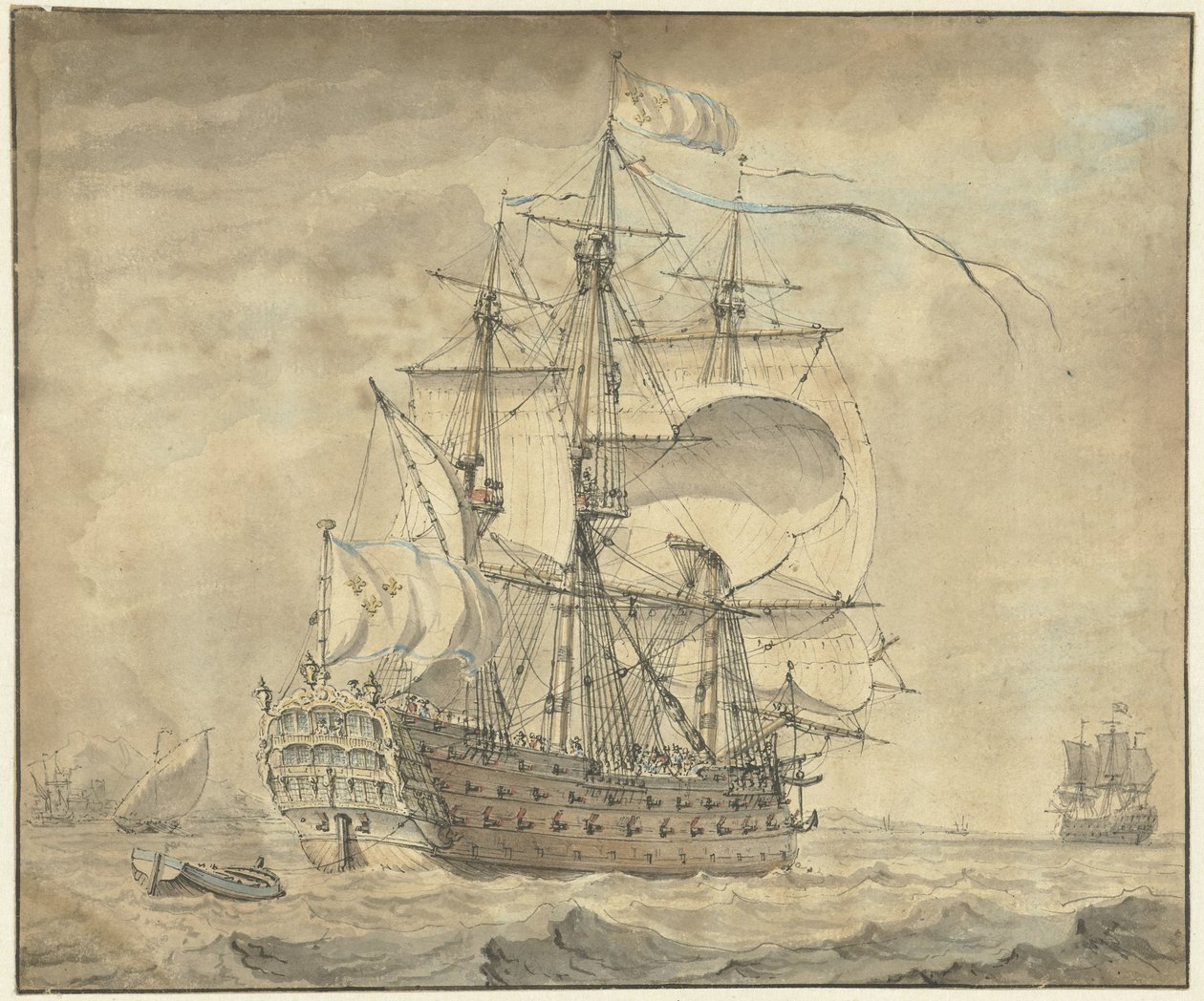 Um navio de guerra francês de três convés com velas cheias de Johannes Swertner