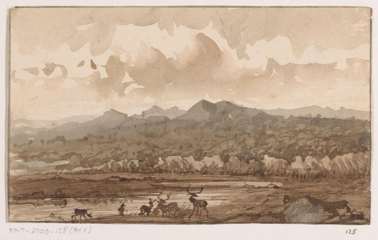 Paisagem montanhosa com veados de Johannes Tavenraat (signed by artist)
