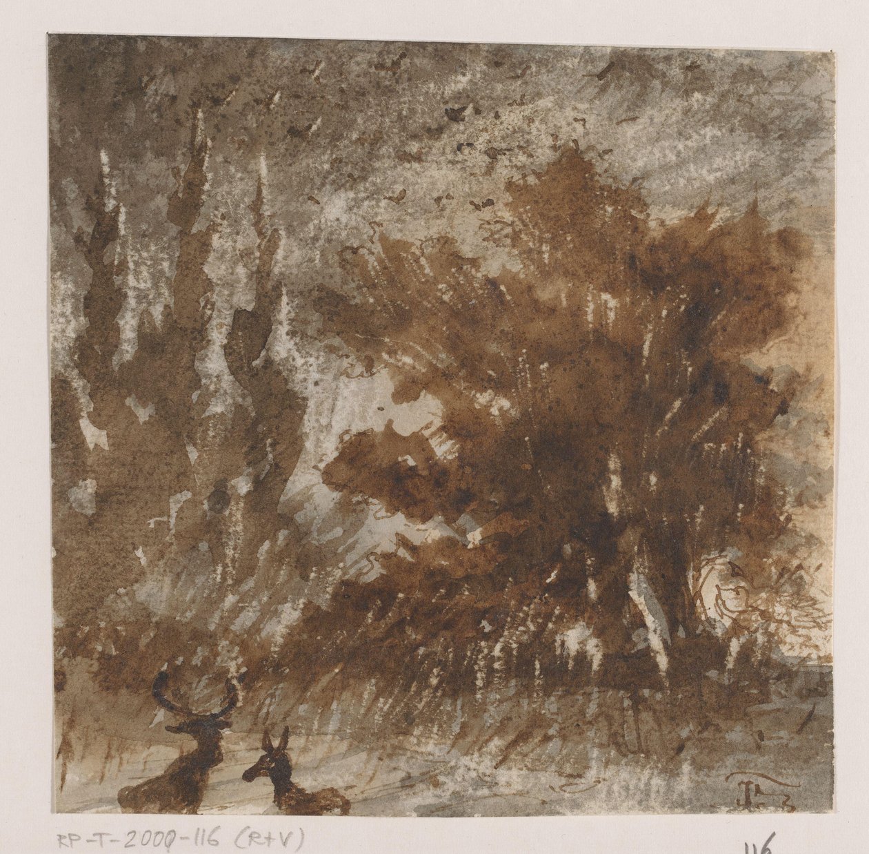 Veados e pássaros perto de árvores altas de Johannes Tavenraat (signed by artist)
