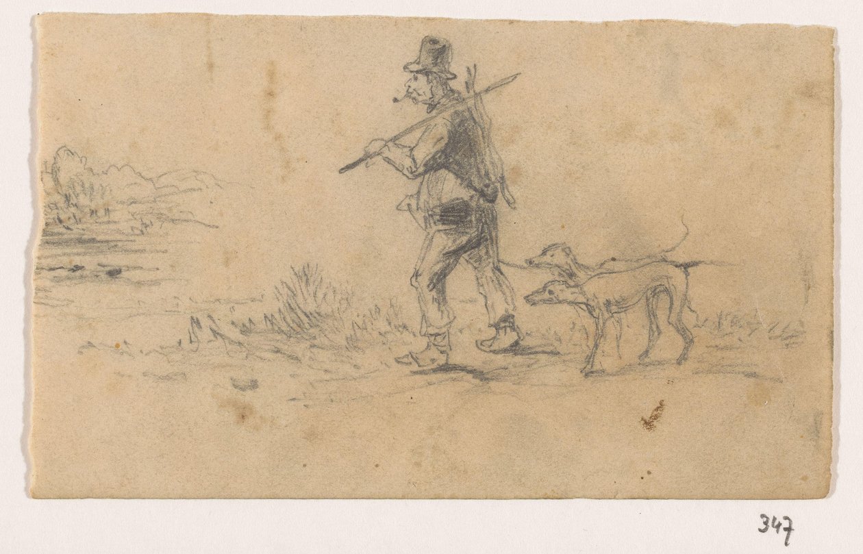 Caçador com cães e uma lebre nas costas de Johannes Tavenraat (signed by artist)
