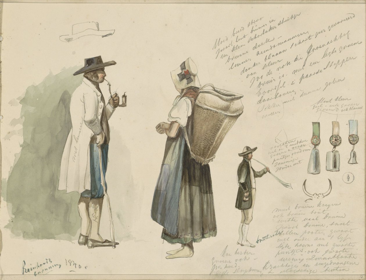 Cachimbo fumador homem, mulher com cesto, rosetas e um soprador de chifres de caça de Johannes Tavenraat