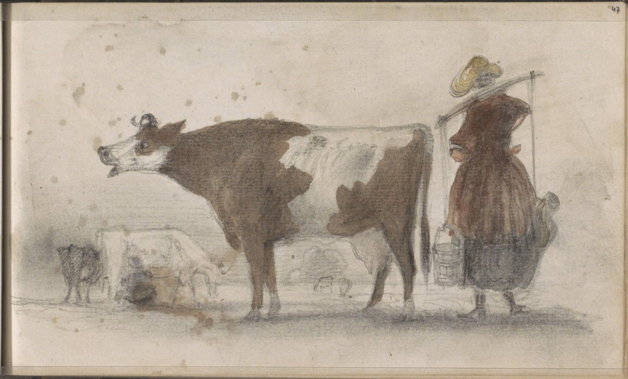 Prado com vacas e uma camponesa com um jugo de Johannes Tavenraat