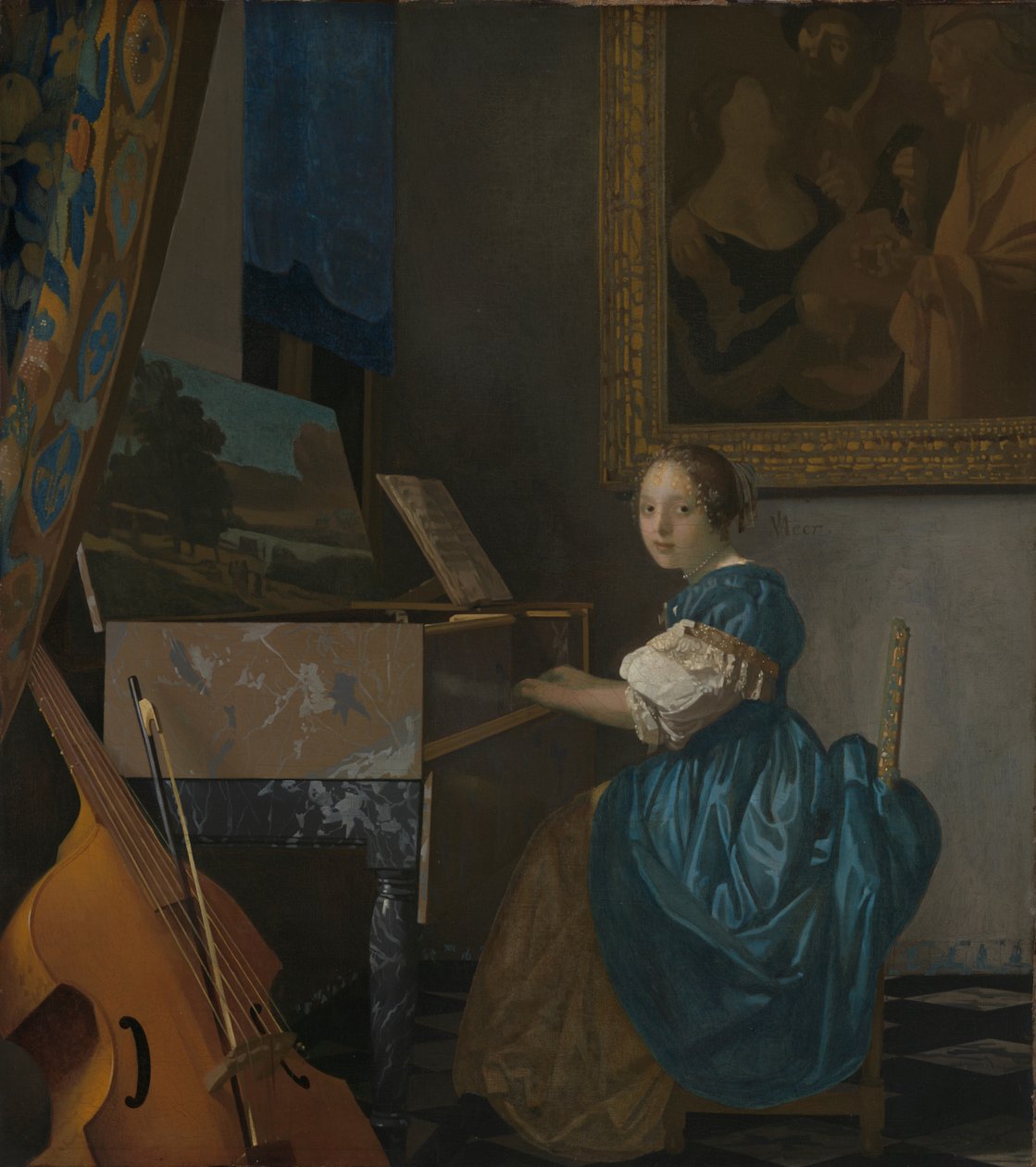 Eine junge Frau sitzt an einem Virginal de Johannes Vermeer