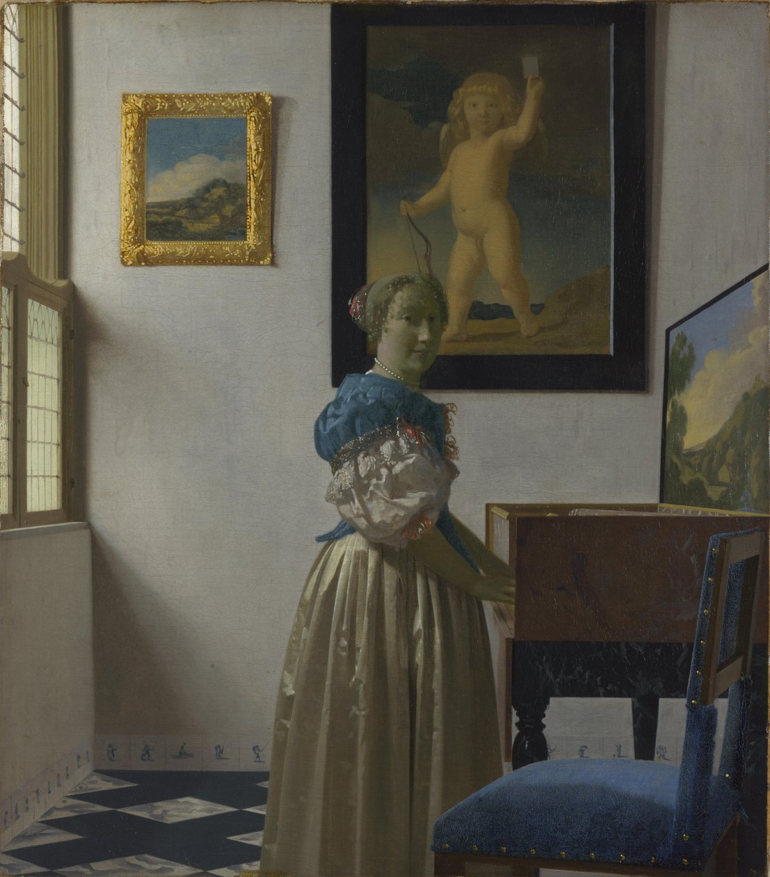 Uma jovem de pé junto a um Virginal de Johannes Vermeer