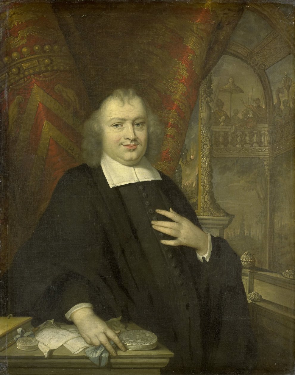 Retrato de Gaspar Fagel, Grande Pensionário da Holanda depois de 1672
no fundo é o Salão de Reunião dos Estados da Holanda no Binnenhof, em Haia de Johannes Vollevens (I) (copy after)