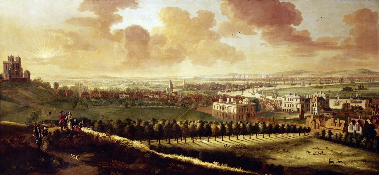 Vista de Greenwich e Londres (Inglaterra), cerca de 1680, com o Observatório Real à esquerda, no centro, a Casa da Rainha e veados a rugir livremente no parque de Johannes Vorsterman