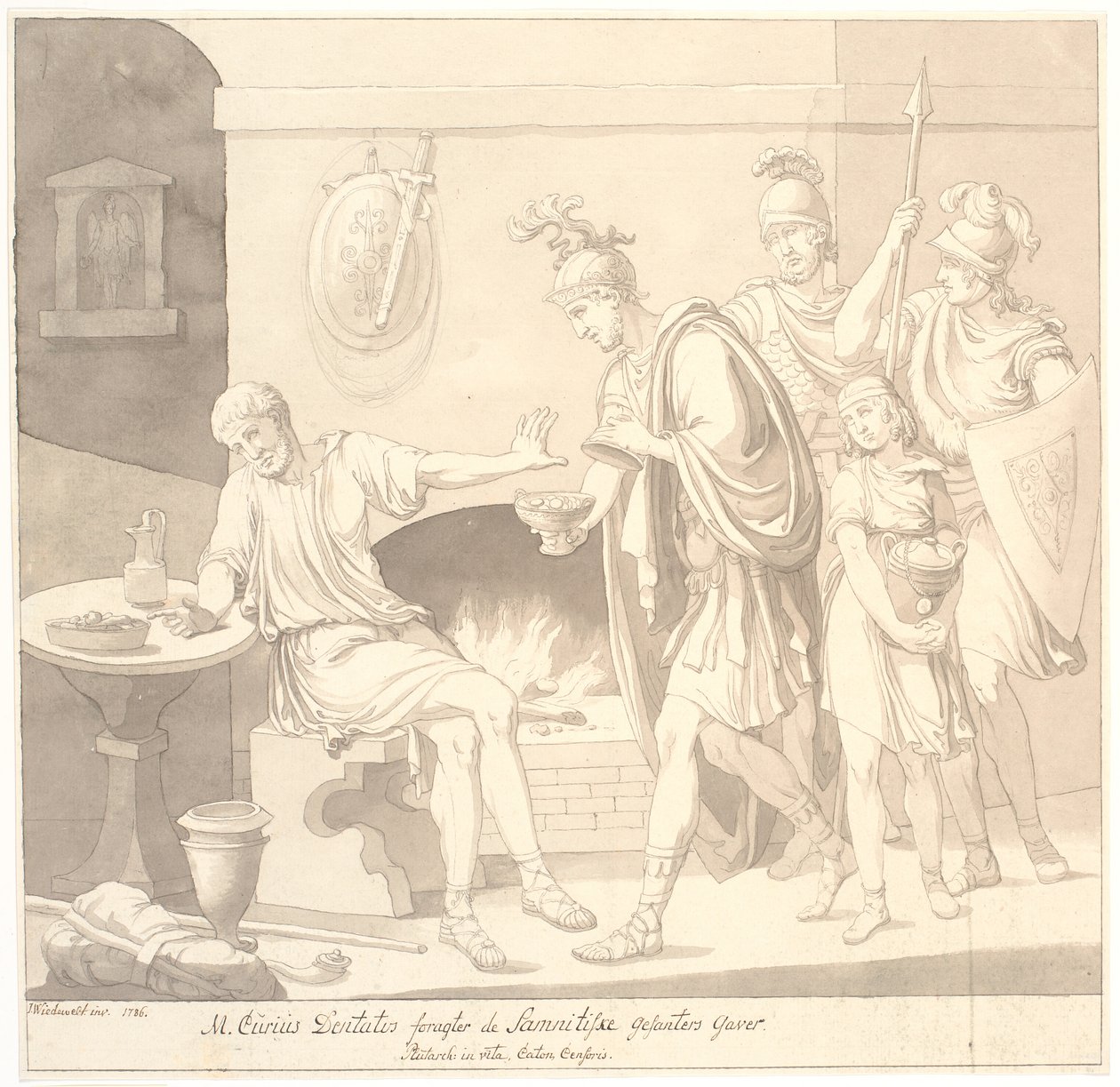 "M. Curius Dantatus foragter de Samnitiske Gesanters Gaver./ Plutach: in vita. Cato, o Censor." de Johannes Wiedewelt