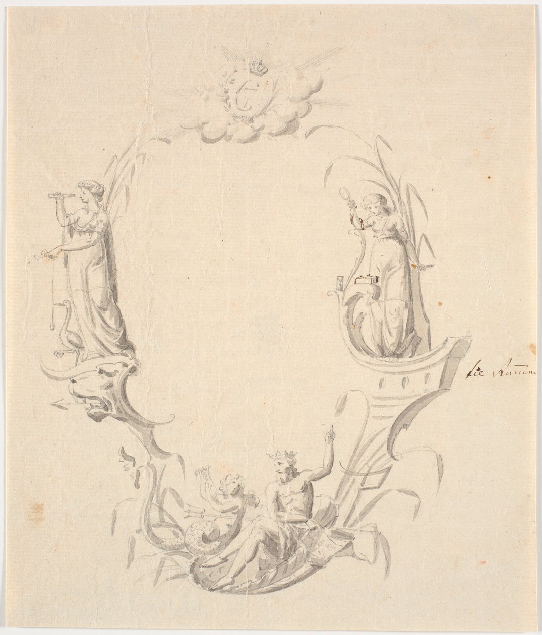 Rascunho para a vinheta do título para uma carta náutica (com o texto: Passe Kaart sobre Kattegatte, edição do Søkortarkivet 1799) de Johannes Wiedewelt