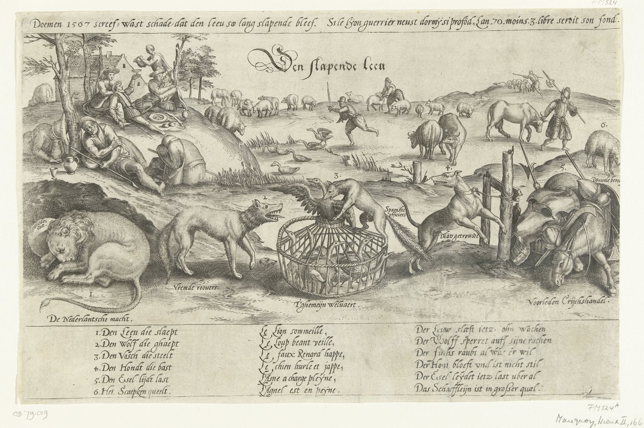 O leão adormecido, 1567 O Leão Adormecido (título no objeto) Quatro alegorias dos eventos entre 1576-1579 na Holanda (título da série) de Johannes Wierix (attributed to)
