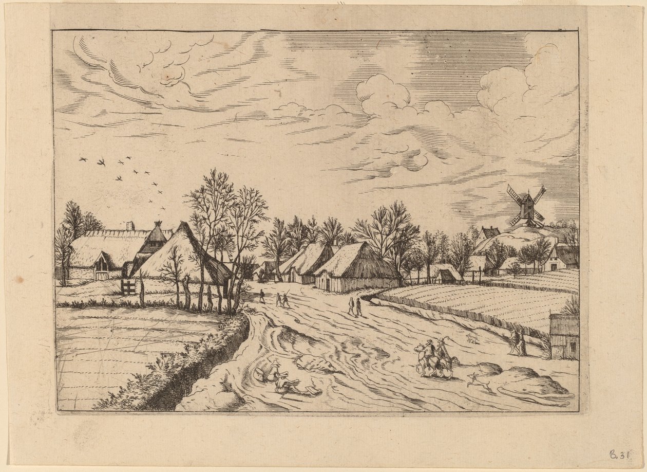 Country Village com Post Mill de Johannes and Lucas van Doetechum after Master of the Small Landscapes