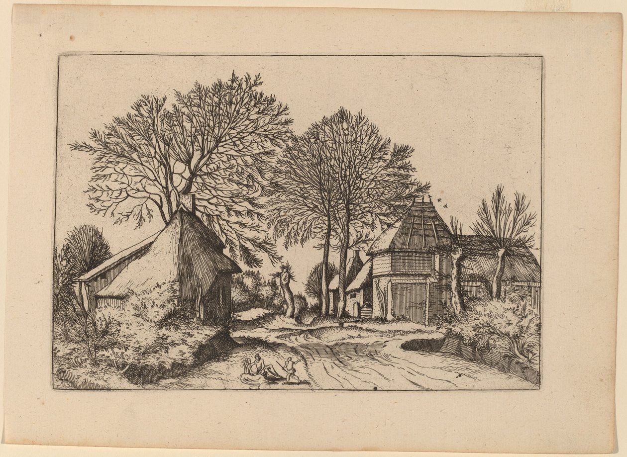 Estrada com celeiro e chalés de Johannes and Lucas van Doetechum after Master of the Small Landscapes