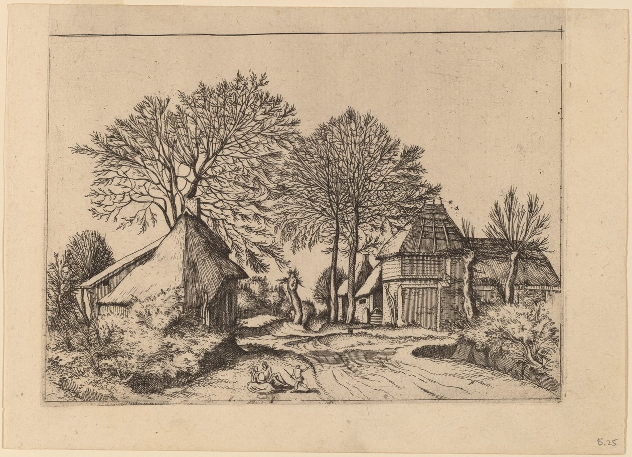 Estrada com celeiro e chalés de Johannes and Lucas van Doetechum after Master of the Small Landscapes