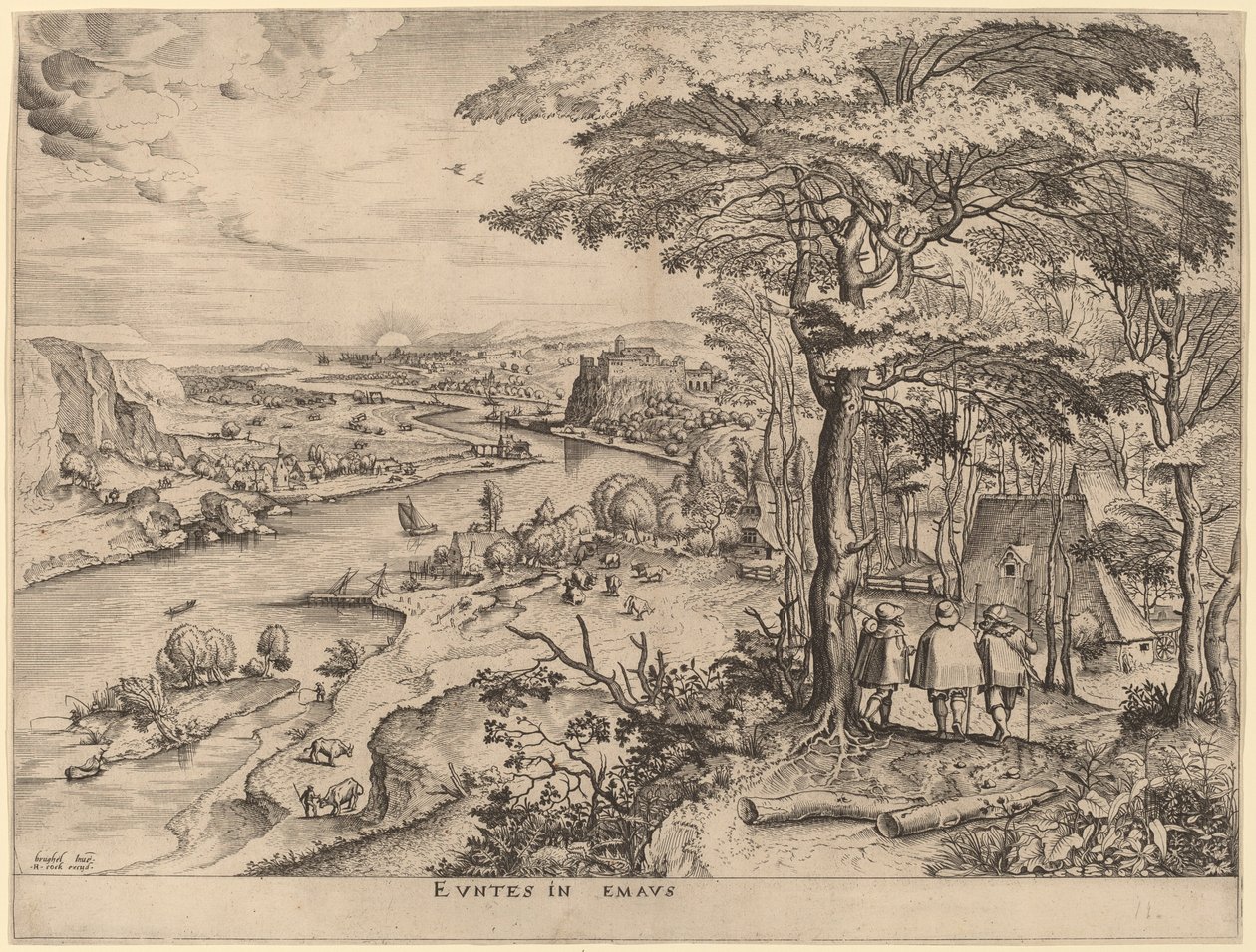 Indo para Emaús (Os Peregrinos de Emaús) de Johannes and Lucas van Doetechum after Pieter Bruegel the Elder