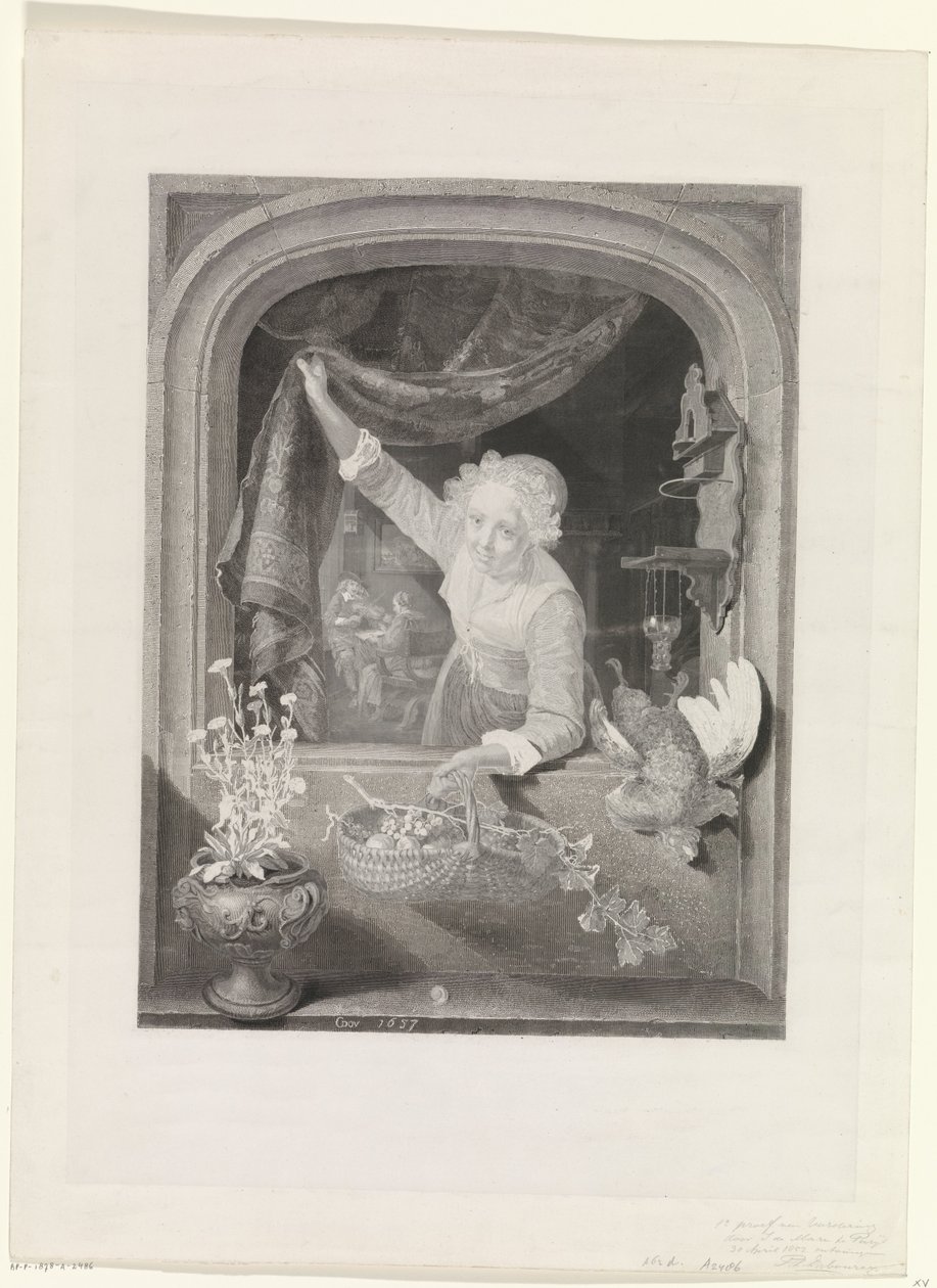 Mulher segurando cesto de fruta à janela de Johannes de Mare