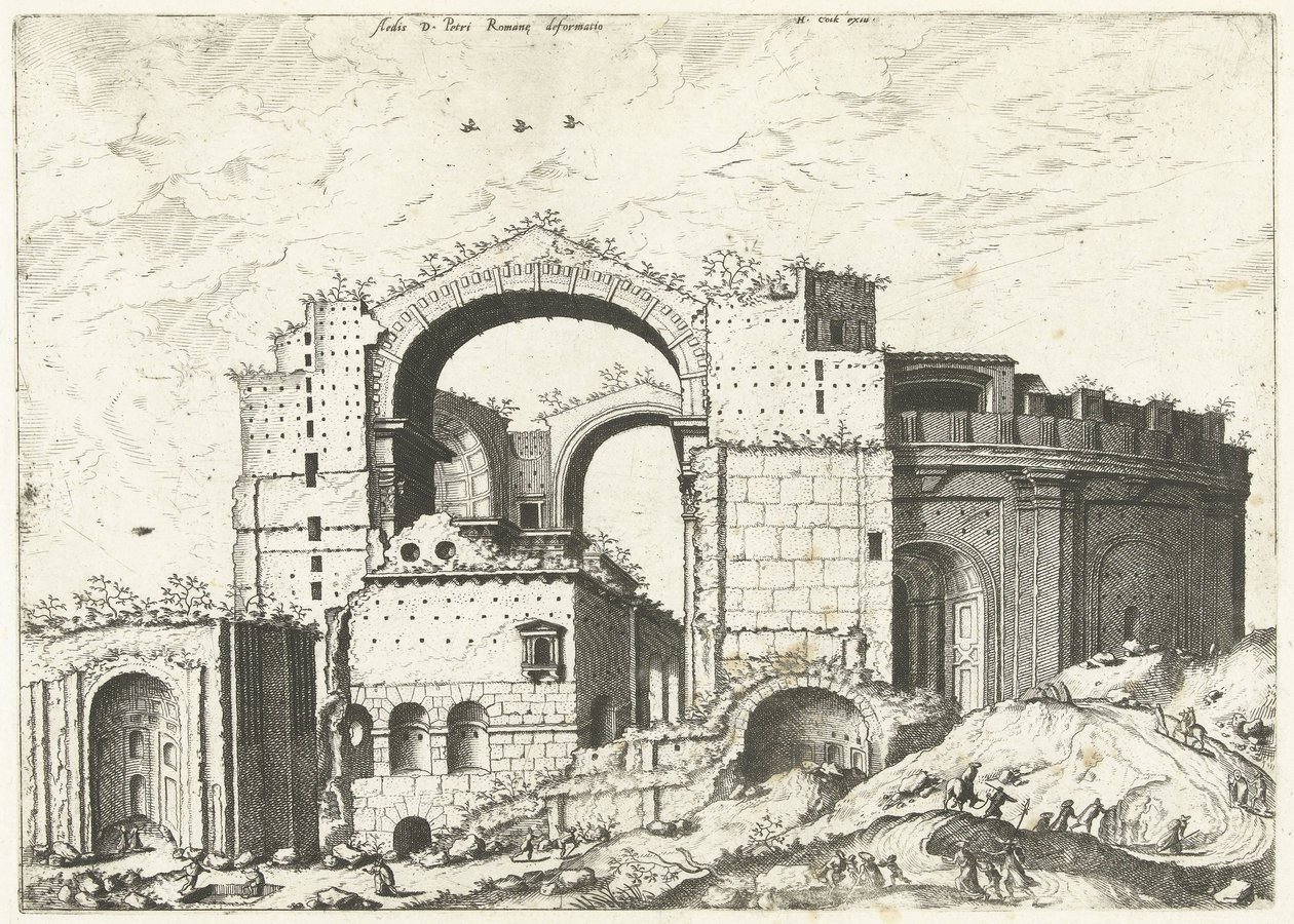 Vista de São Pedro em Roma
Aedis D. Petri Romanae deformatio (título sobre o objecto)
Ruínas romanas, 1561 (título da série) de Johannes of Lucas van Doetechum (attributed to)