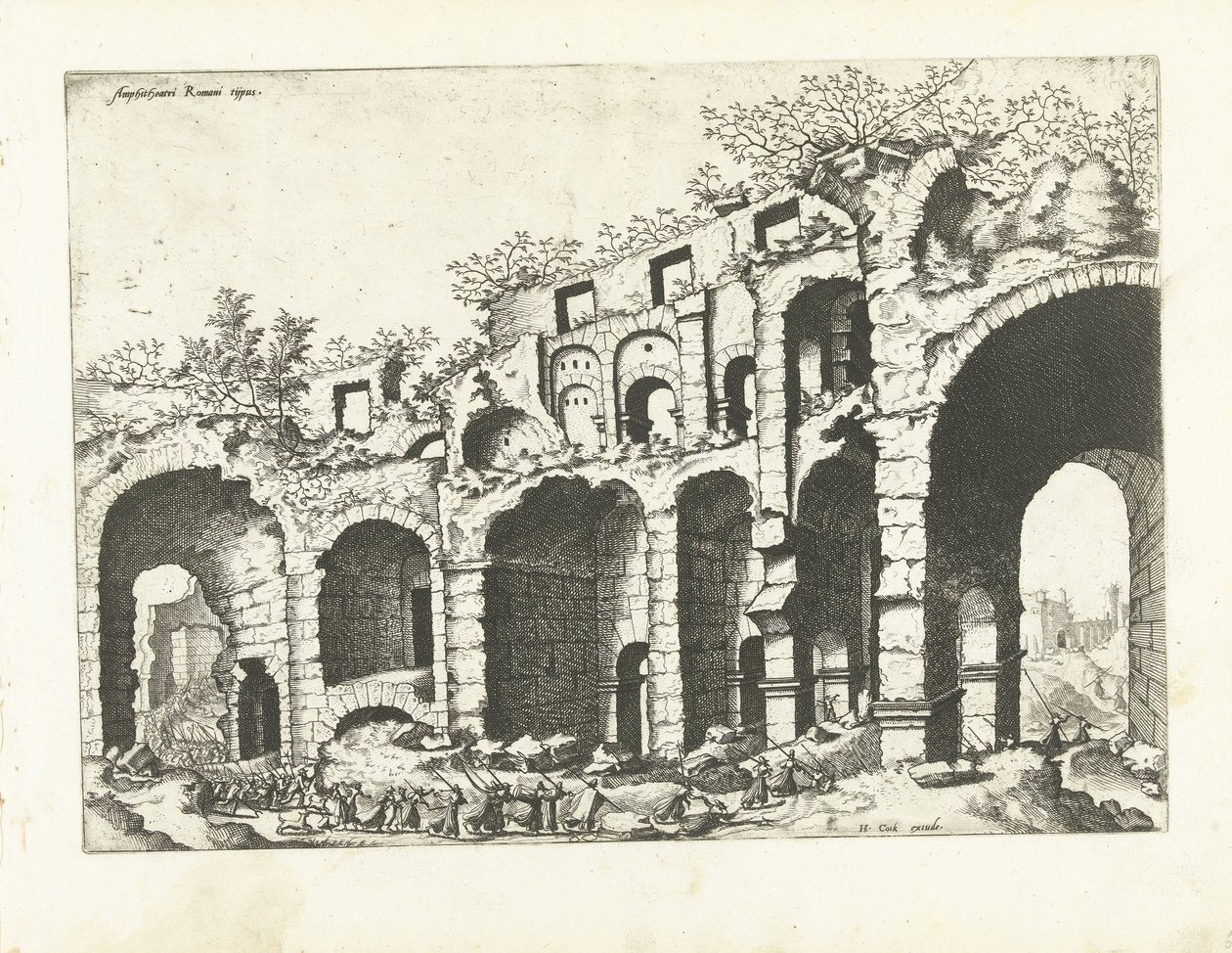 Vista de um anfiteatro provavelmente o Coliseu Ruínas romanas, 1561 (título da série) de Johannes of Lucas van Doetechum (attributed to)