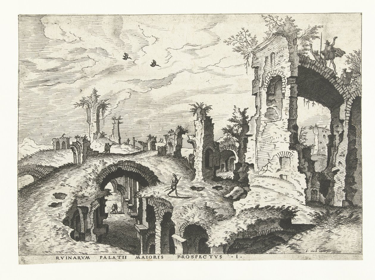 Vista das ruínas do Palatino em Roma
Ruínas romanas, 1561 (título da série) de Johannes of Lucas van Doetechum (attributed to)