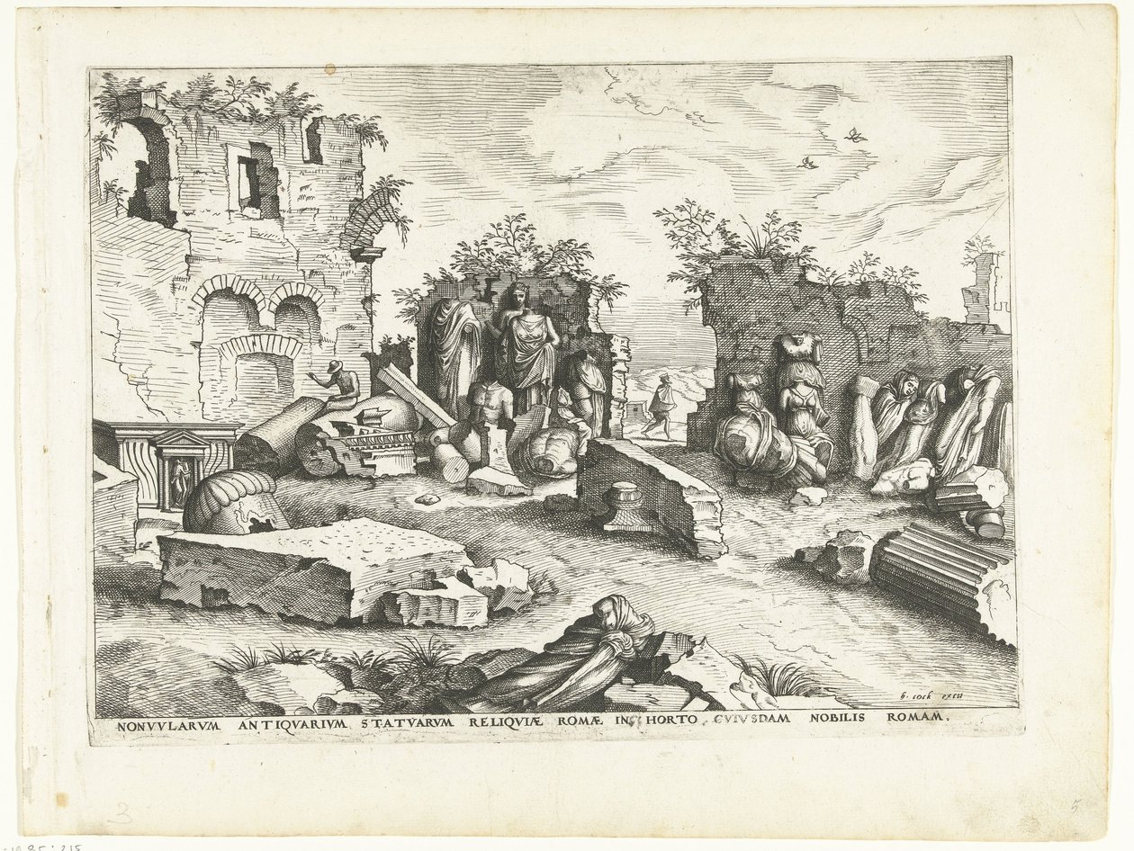 Jardim com fragmentos de estátuas antigas Ruínas romanas, 1561 (título da série) de Johannes of Lucas van Doetechum (attributed to)