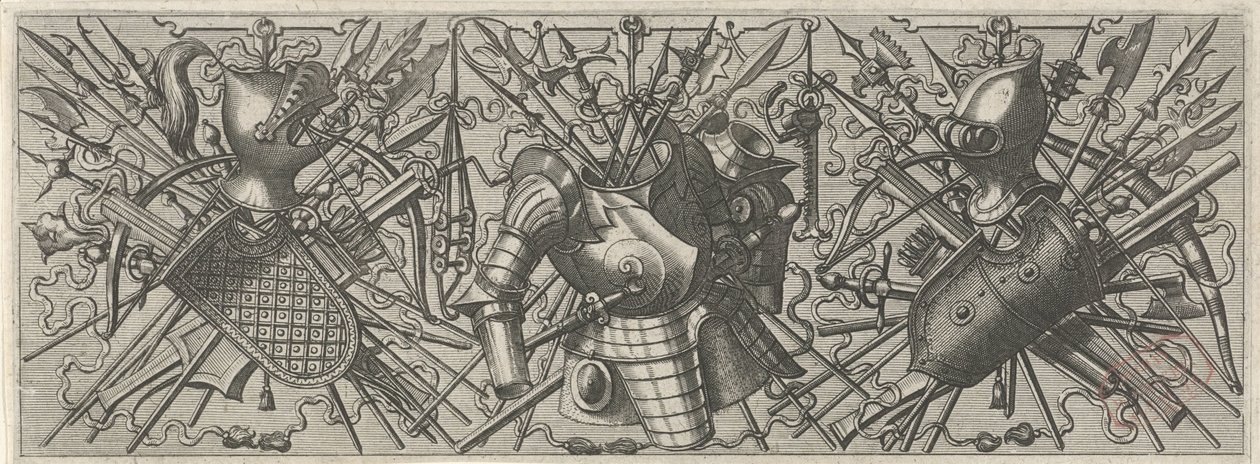 Friso com um capacete, um escudo e braços e bestas cruzados à esquerda
Panoplia sev armamentarium... (título da série) de Johannes of Lucas van Doetechum
