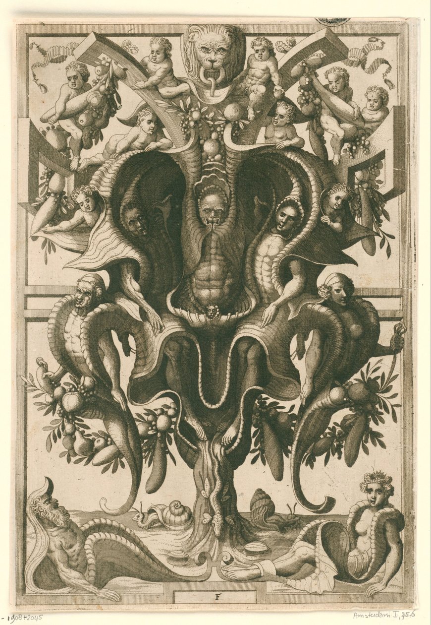 Adorno em forma de concha em que as figuras estão presas.
Veelderleij Veranderinghe van grotissen ende Compertimenten (...)Libro Primo (título da série) de Johannes of Lucas van Doetechum