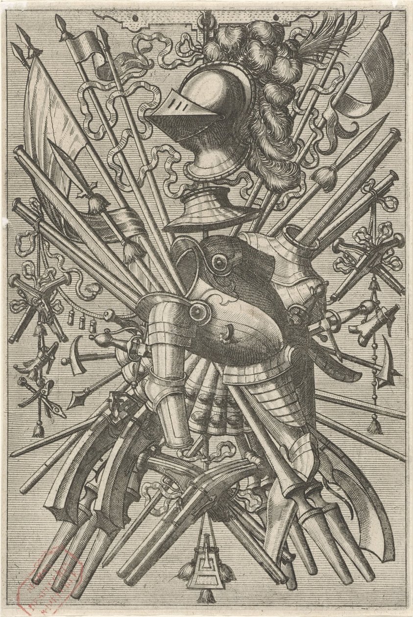 Decoração plana que consiste num brasão de troféu
Decorações de plano e frisos com troféus (título da série) de Johannes of Lucas van Doetechum