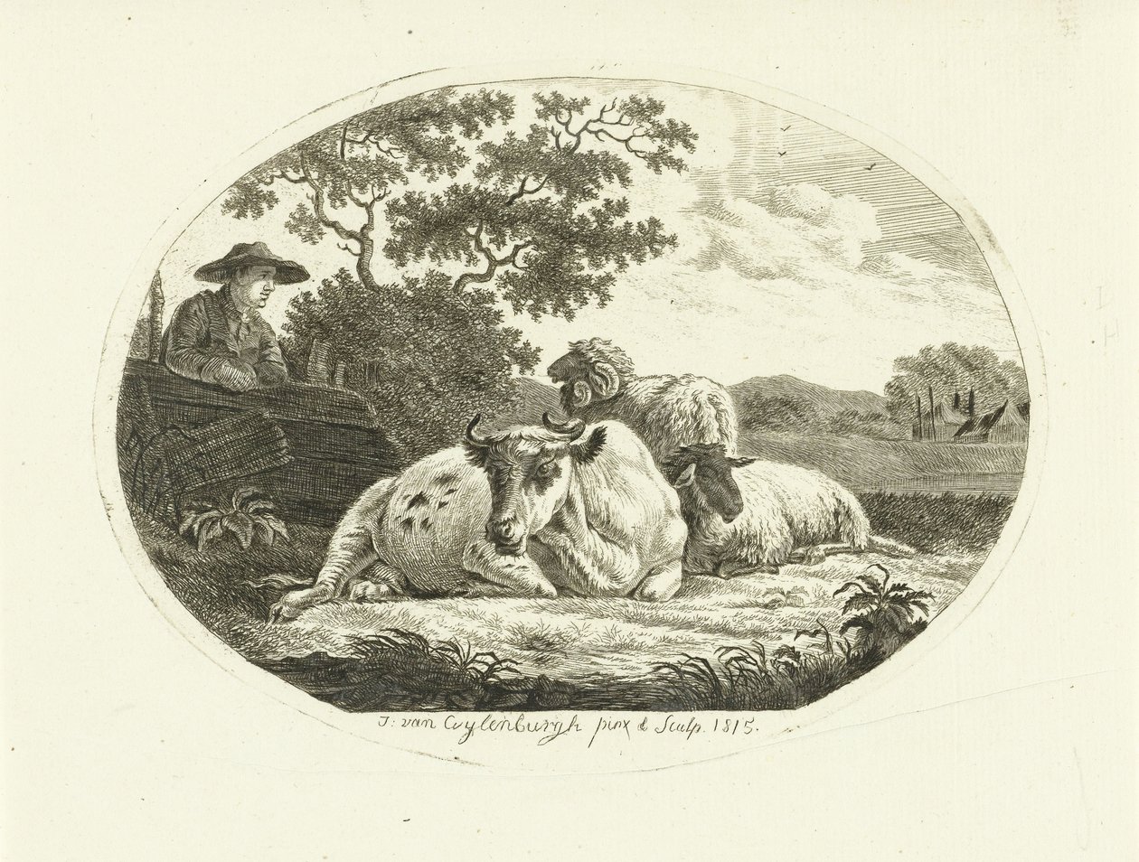 Vaca, ovelha e carneiro na pastagem e agricultor encostado à vedação de Johannes van Cuylenburgh