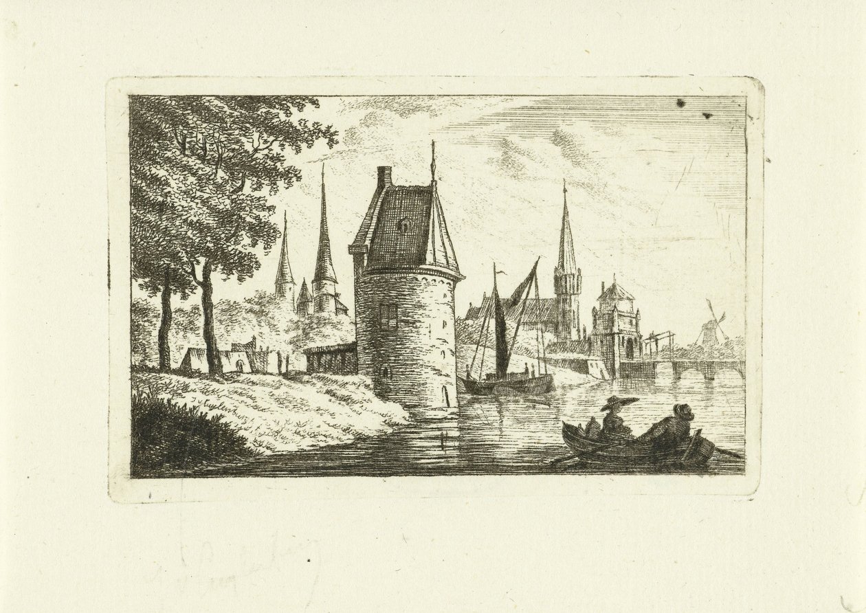 Arquitetura da cidade com torre no rio de Johannes van Cuylenburgh