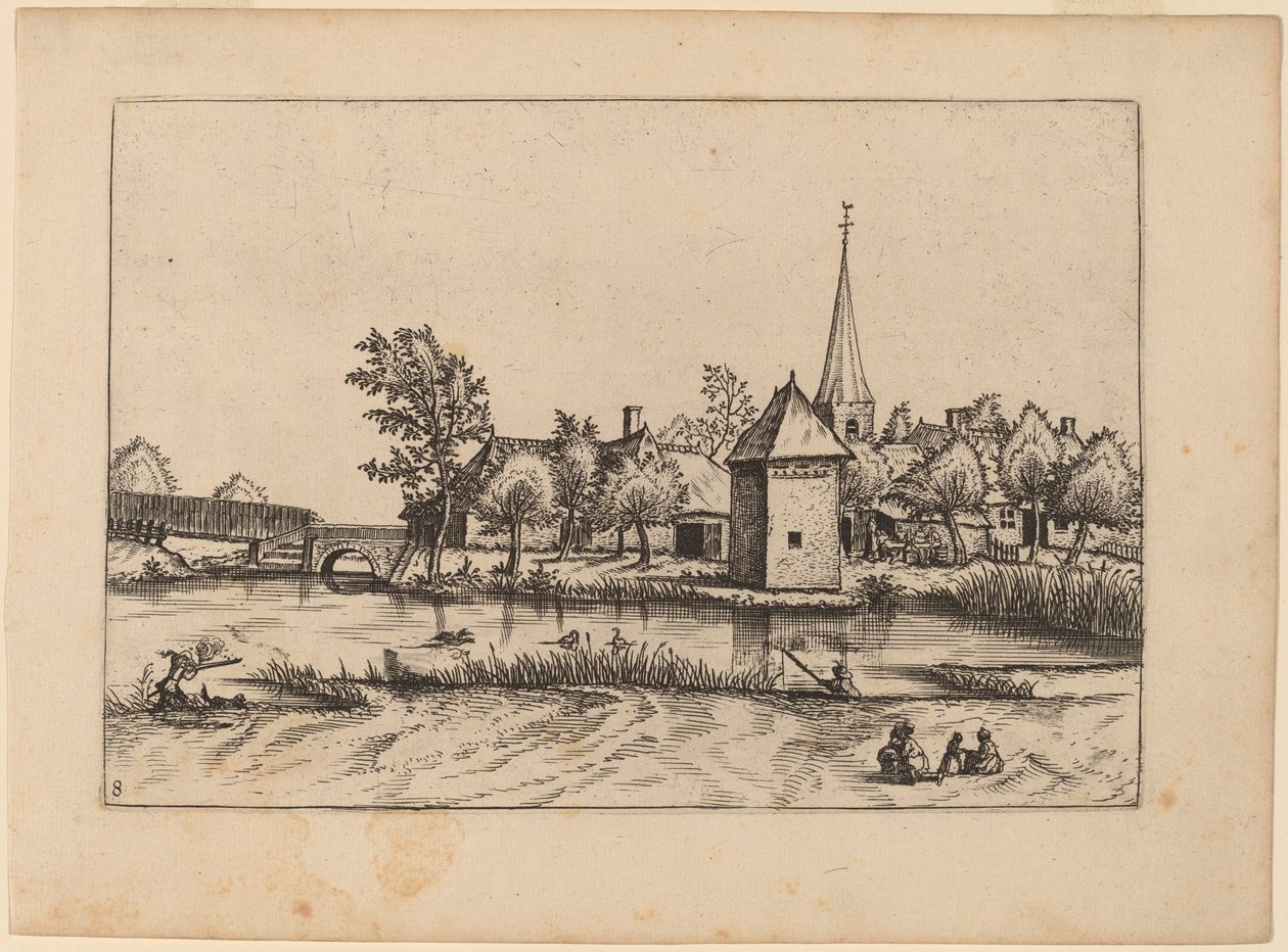 Country Village com Igreja e Ponte de Johannes van Doetechum, the Elder and Lucas