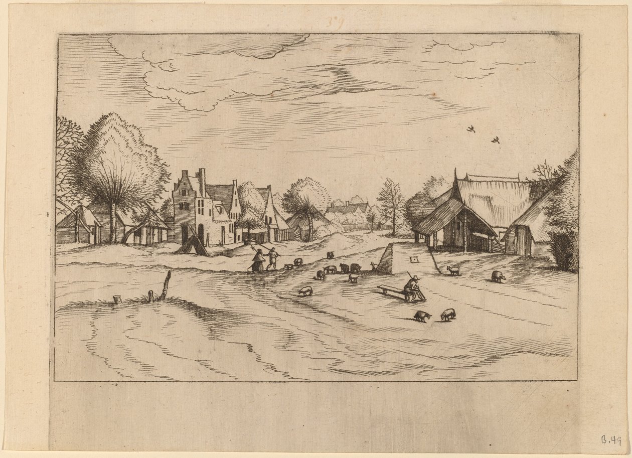 Country Village com ovelhas e pastor sentado de Johannes van Doetechum, the Elder and Lucas