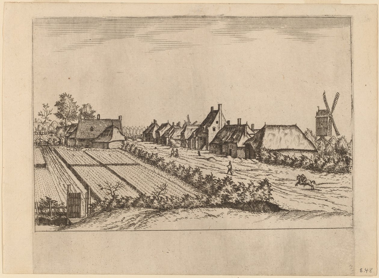 Campos e uma estrada de vila com Post Mill de Johannes van Doetechum, the Elder and Lucas