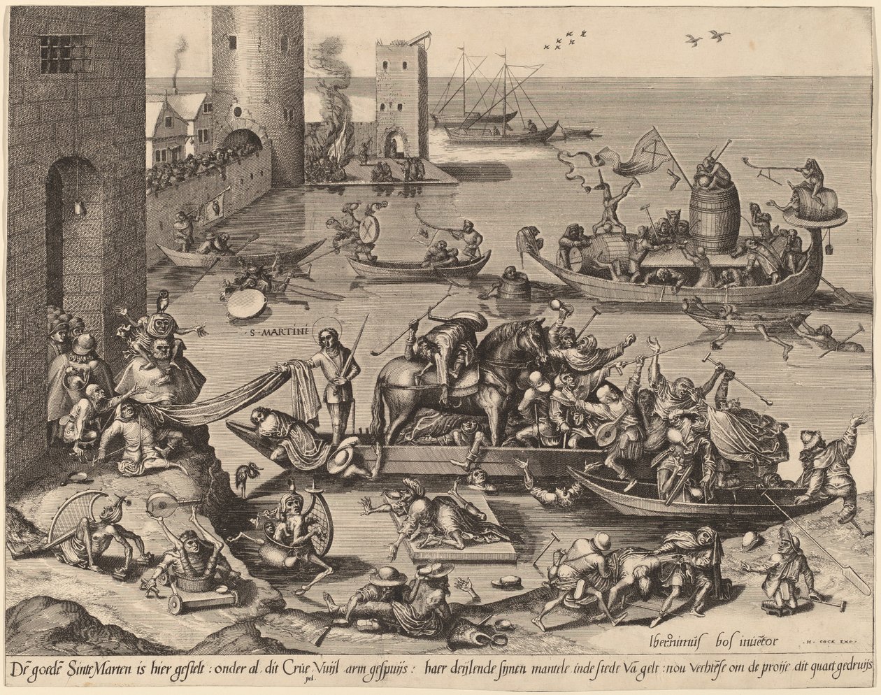 Saint Martin com seu cavalo em um navio de Johannes van Doetechum, the Elder, and Lucas