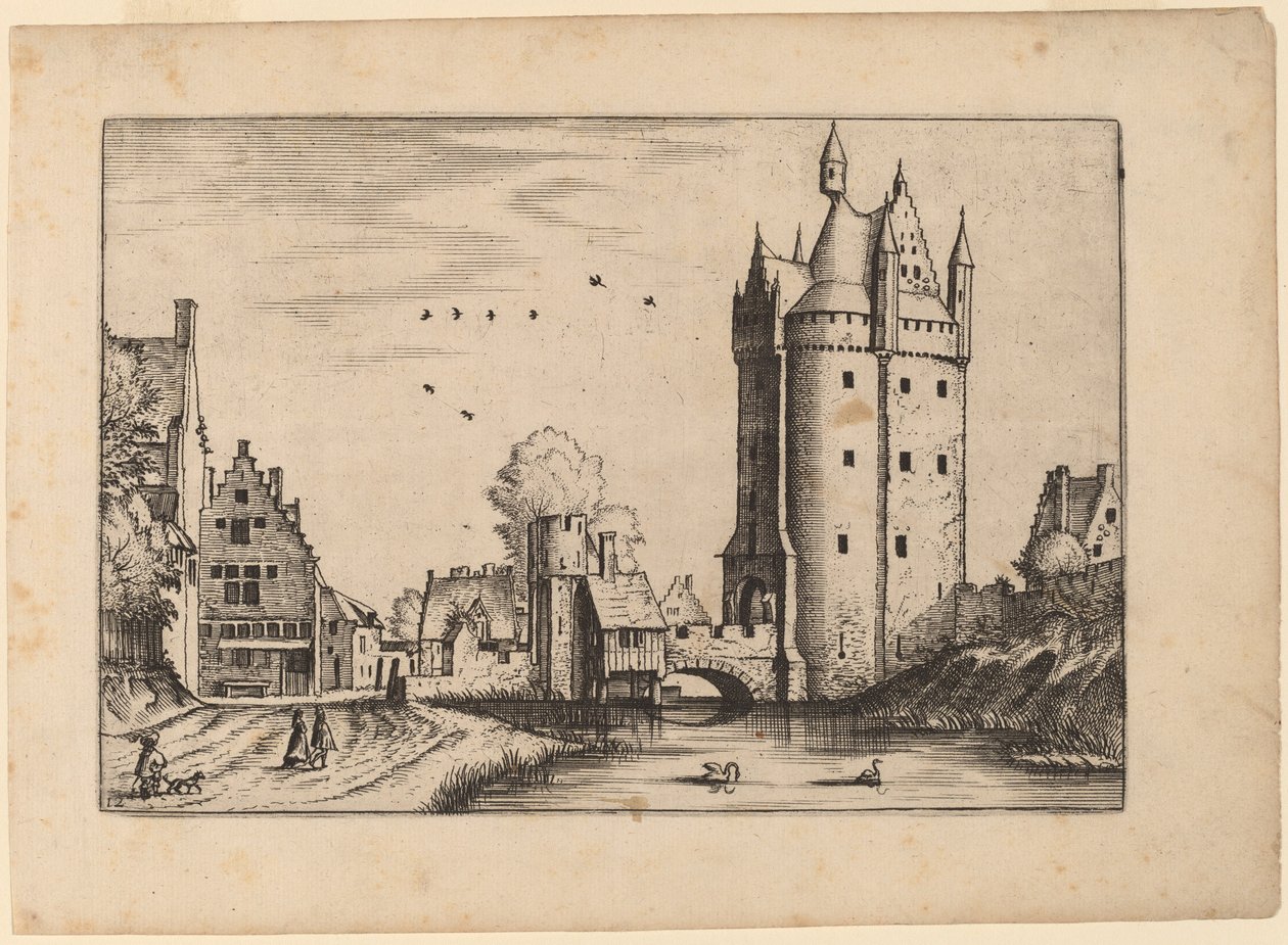Portão da cidade com casas de campo de Johannes van Doetechum, the Elder and Lucas