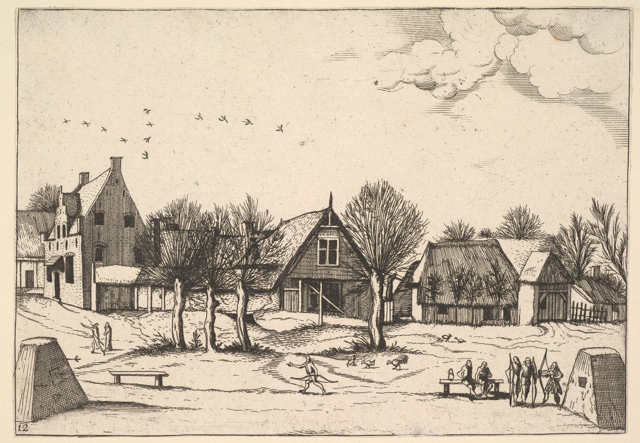 Country Village, arqueiros em primeiro plano de Multifariarum casularum ruriumque linea..., 1559-61. de Johannes van Doetecum I